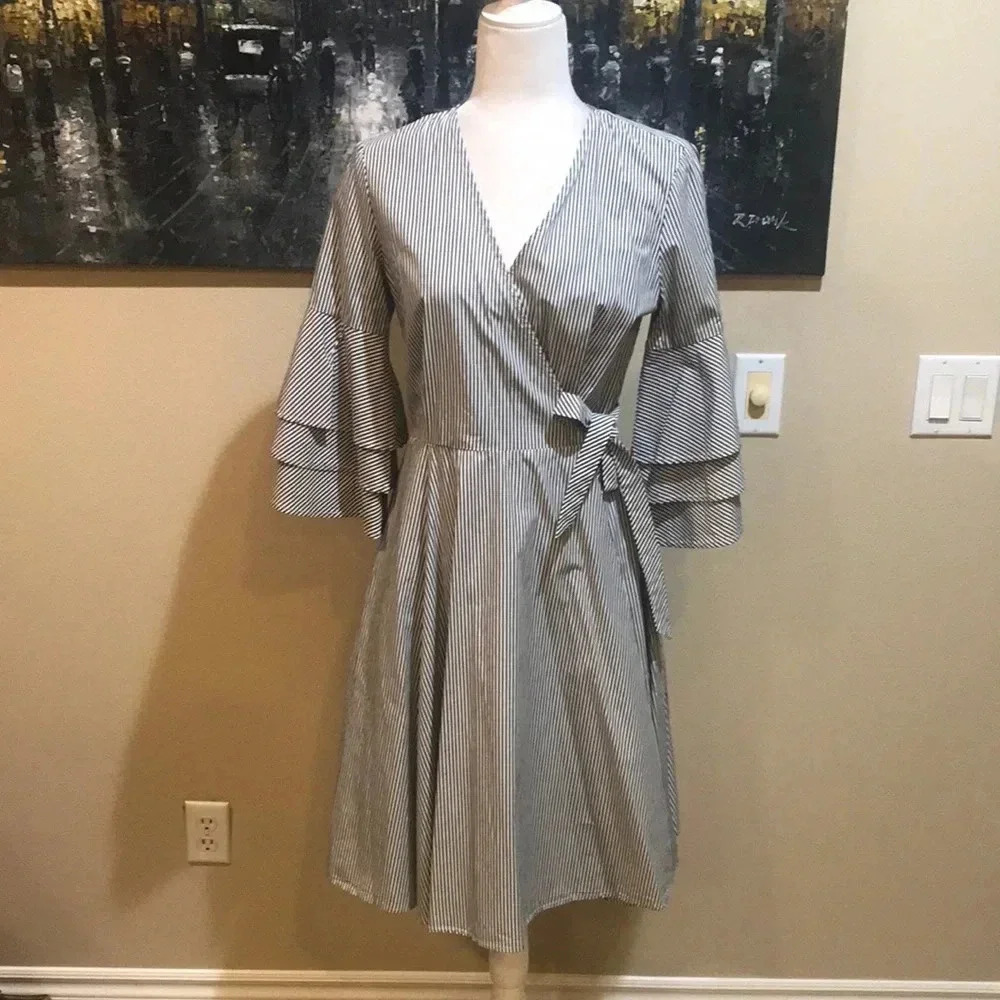 Calvin Klein Striped Wrap Midi Dress with Layered Bell Sleeves-Size 4